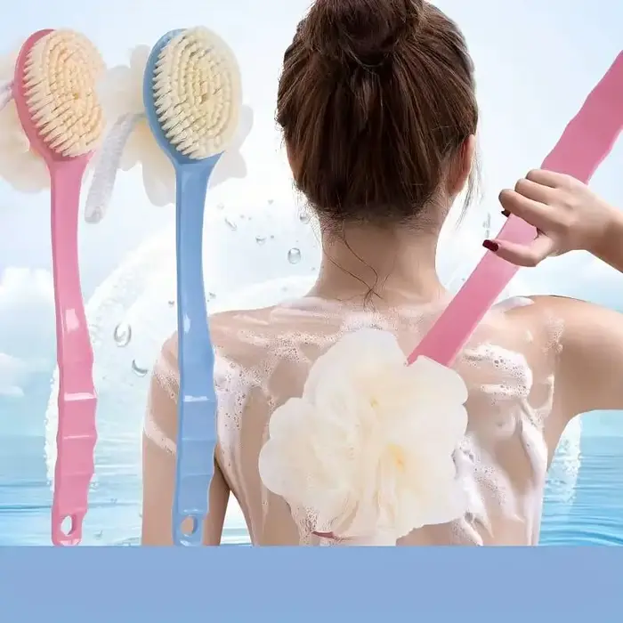 Loofah-Brosse de bain à poils doux pour hommes et femmes, brosse de douche incurvée à long manche, l