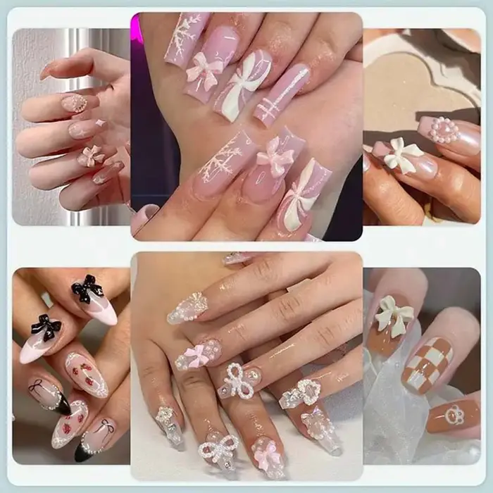 Boîte de breloques pour ongles, mélange de perles, nœud papillon/étoile/lune, ruban en résine/fleur
