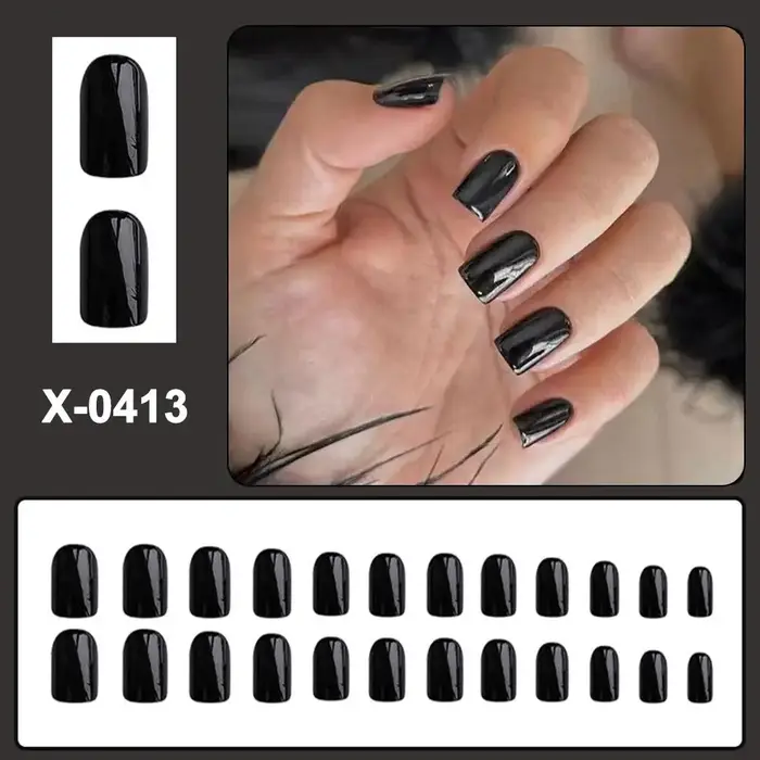 24 pièces noir carré presse sur ongles moyen longs faux ongles