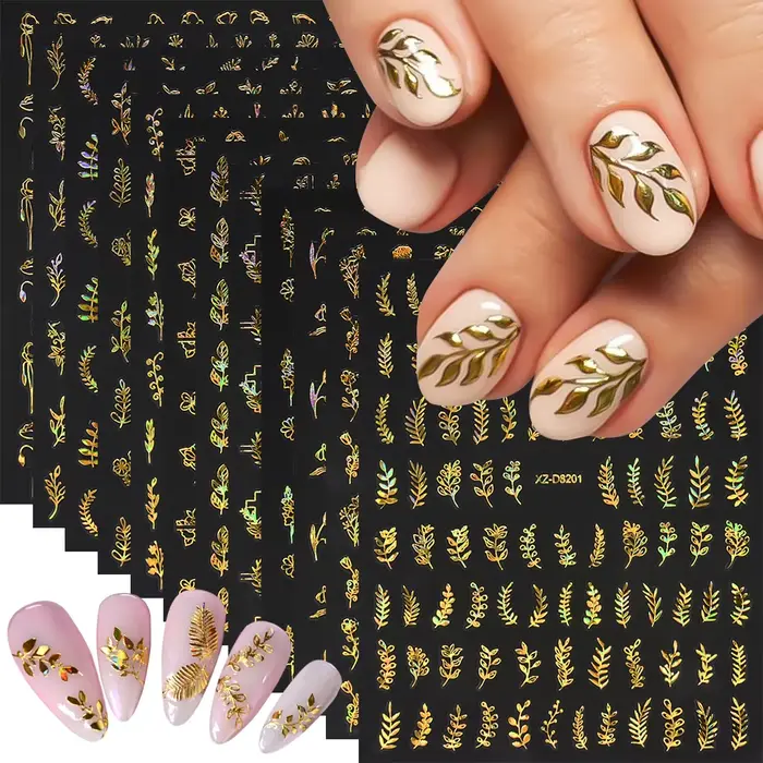 12 pièces/ensemble 3D feuille brillante fleur Nail Art autocollant Laer or bronzant feuilles ongles 