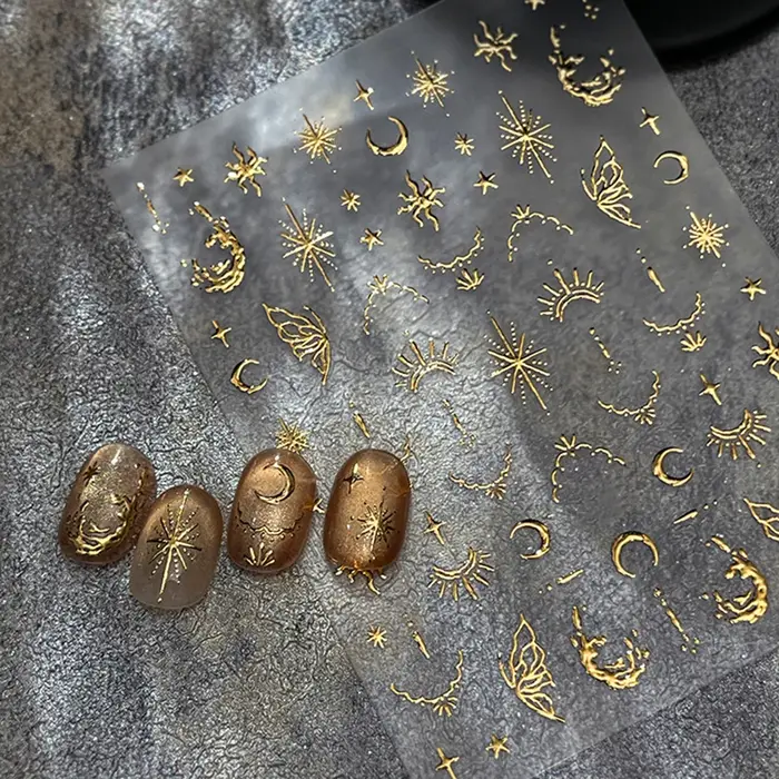 3D bronzant or lune étoile Nail Art autocollants rétro bohême soleil