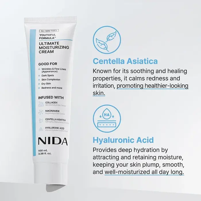 100mL crème hydratante ultime formule jeune collagène Niacinamide Centella Asiatica acide hyaluronique rides taches