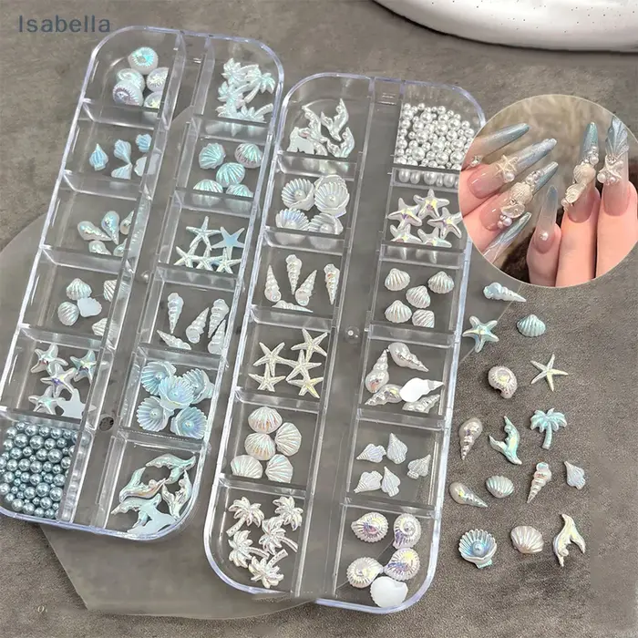 💕 12 grilles/boîte 3D étoile de mer et coquille décorations Nail Art, coquillage aurore et palmier b