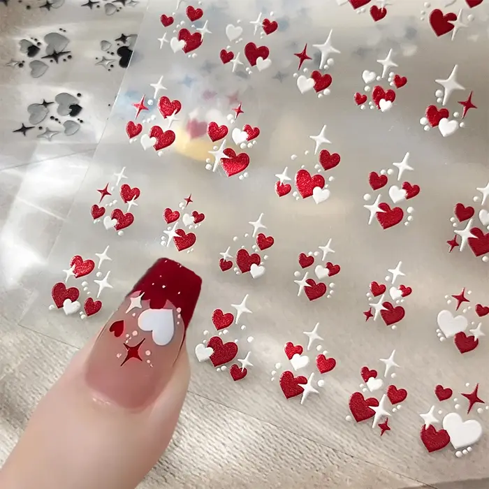 3D saint valentin amour coeur Nail Art autocollant rouge blanc croix étoiles auto-adhésif ongles déc