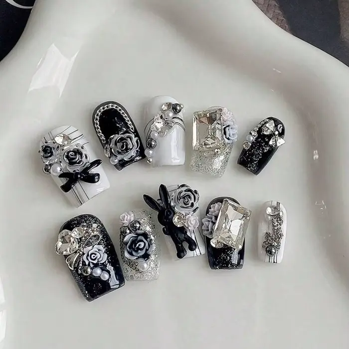 Nail art carré court à pression manuelle pure, beaux faux ongles, nail art floral foncé robuste, ada