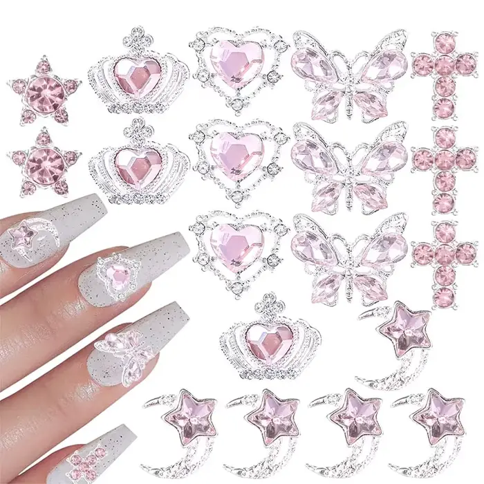 30 Breloques Roses pour Ongles en Alliage, Strass 3D Étoile Papillon Cœur Croix, Pierres Précieuses,