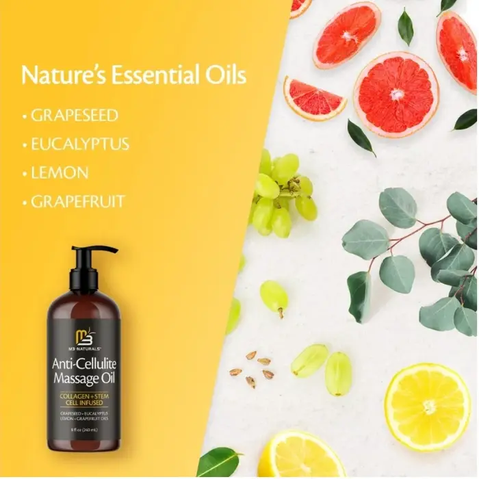 Huile de massage anti-cellulite M3 Naturals 240ml Collagène + Pépins de raisin Réduit la texture de la peau d'orange