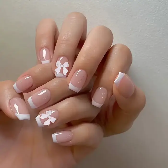 Faux ongles français à tête carrée courte, 24 pièces, strass, Design avec nœud floral, à pression, c