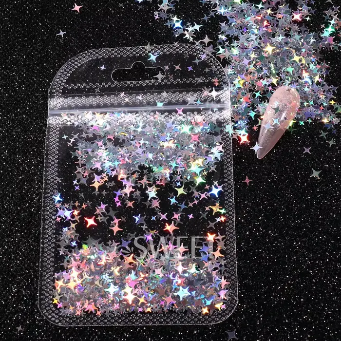 Paillettes holographiques pour ongles, étoile à quatre branches, Design Laser scintillant, breloque 