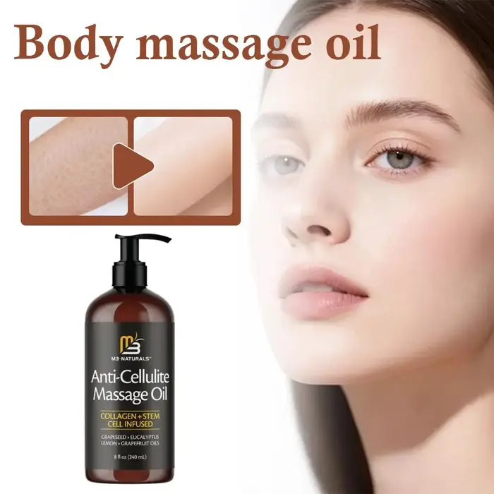 Huile de massage anti-cellulite M3 Naturals 240ml Collagène + Pépins de raisin Réduit la texture de la peau d'orange
