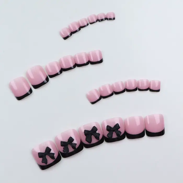 24 pièces court français noir nœud papillon presse sur ongles bout carré ongles presse sur poudre co