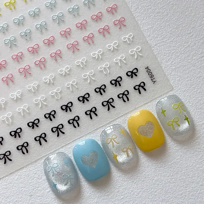 Autocollants pour Nail Art avec nœuds colorés en relief, Laser doux, or et argent, autocollants auto