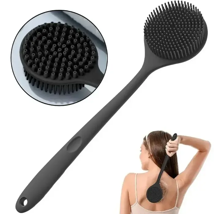 Brosse de douche exfoliante en silicone souple avec poignée pour le dos