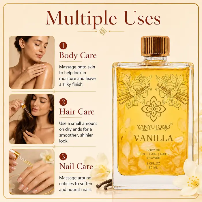 60 ml d'huile essentielle de vanille, nourrissante et hydratante, absorption rapide, douce, apaisante pour les peaux sèches, parfum longue durée.