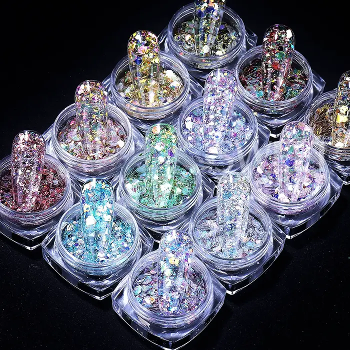 Paillettes holographiques hexagonales pour ongles, 12 couleurs, brillant, grosses paillettes irisées