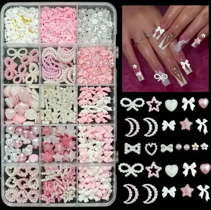 Boîte de breloques pour ongles, mélange de perles, nœud papillon/étoile/lune, ruban en résine/fleur