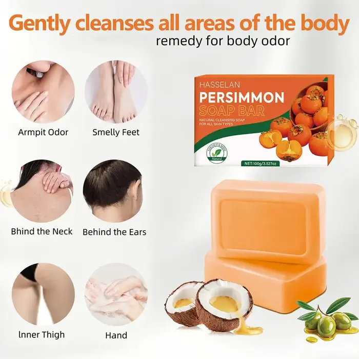 Savon Nettoyant au Kaki avec Filet Moussant – Soin Corps et Visage Exfoliant et Éclaircissant
