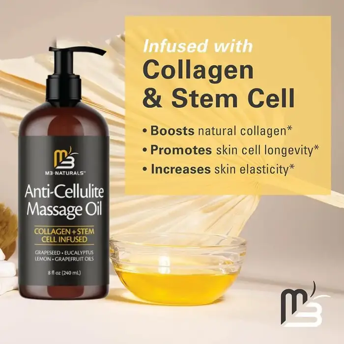 Huile de massage anti-cellulite M3 Naturals 240ml Collagène + Pépins de raisin Réduit la texture de la peau d'orange
