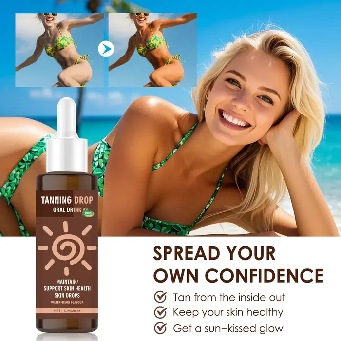 Boisson bronzante végane sans sucre 60ml – Gouttes orales naturelles saveur pastèque pour un éclat solaire intérieur – Soin de la peau