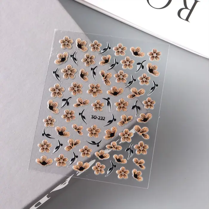 Autocollant 3D pour ongles, 2 pièces, noir, or, paillettes, fleur, pétales brillants, feuilles, Nail