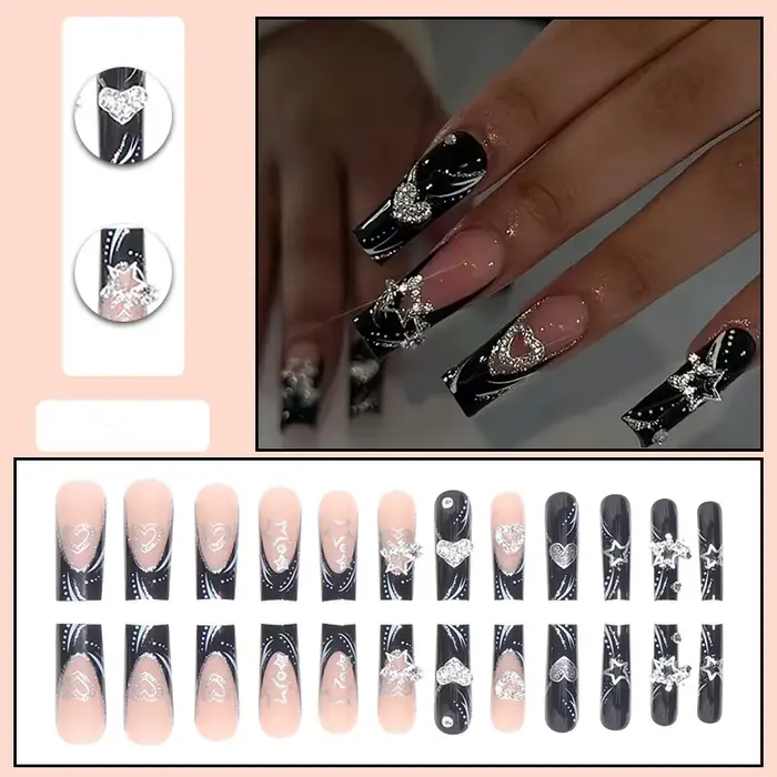 24 pièces/1 boîte noir français portant un Patch pour ongles doux et frais paillettes étoiles d'amou