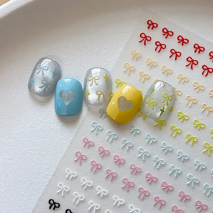 Autocollants pour Nail Art avec nœuds colorés en relief, Laser doux, or et argent, autocollants auto