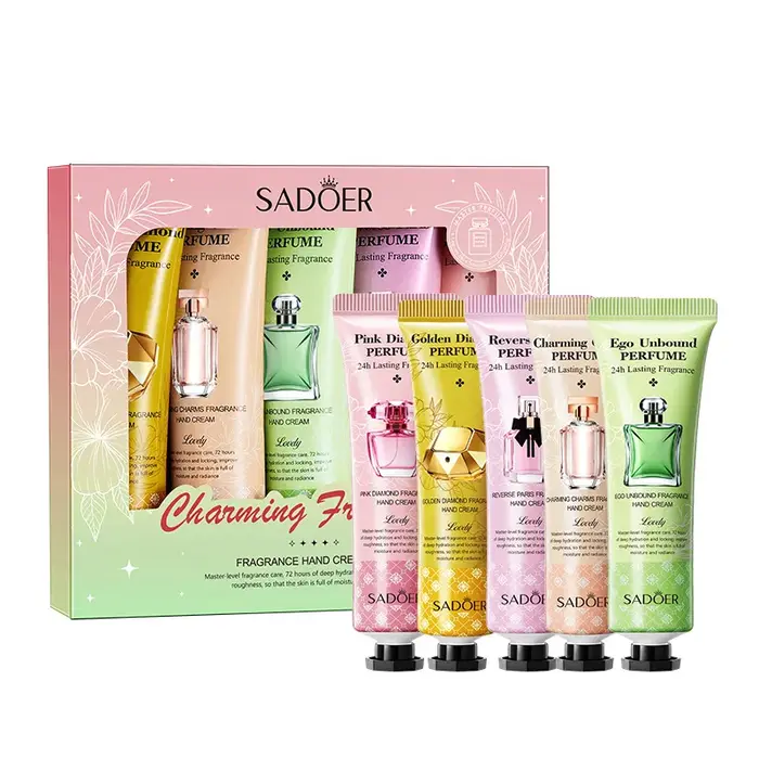 Ensemble de 5 crèmes pour les mains, cinq styles au choix (Crème pour les mains parfumée Golden Diamond 30g, Crème pour les mains parfumée Charming Charm 30g, Crème pour les mains parfumée Unbounded F