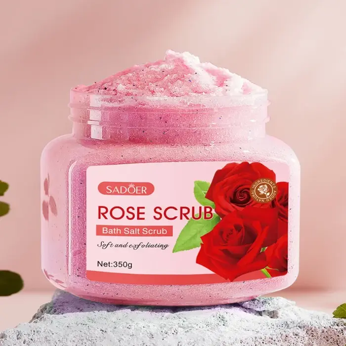Gommage à la rose 350g, riche en poudre de coquille de noix, extrait de rose et autres ingrédients d