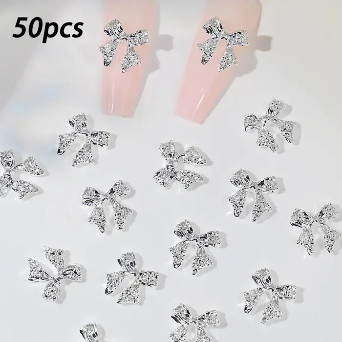 96/50 pièces 3D nœud papillon/ruban métal Nail Art breloques argent/or alliage arcs ongles strass décor luxe bricolage