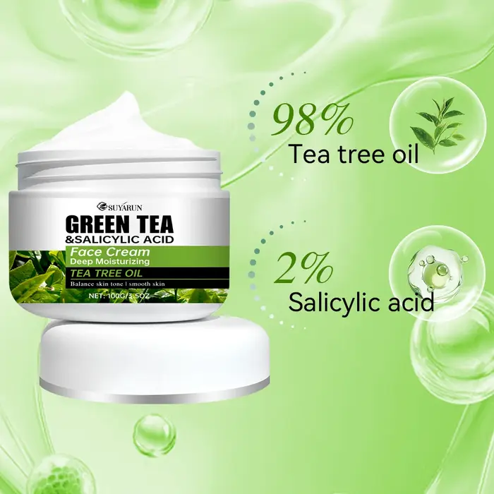 SUYARUN Crème pour le visage à l'huile d'arbre à thé et à l'acide salicylique au thé vert - Traitement de l'acné