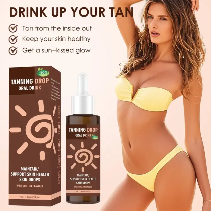 Boisson bronzante végane sans sucre 60ml – Gouttes orales naturelles saveur pastèque pour un éclat solaire intérieur – Soin de la peau