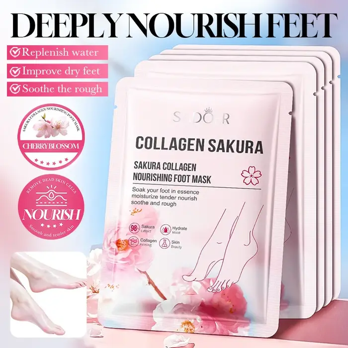 5 paires de masques nourrissants pour les pieds au collagène Sakura SADOER, hydratent, exfolient et 