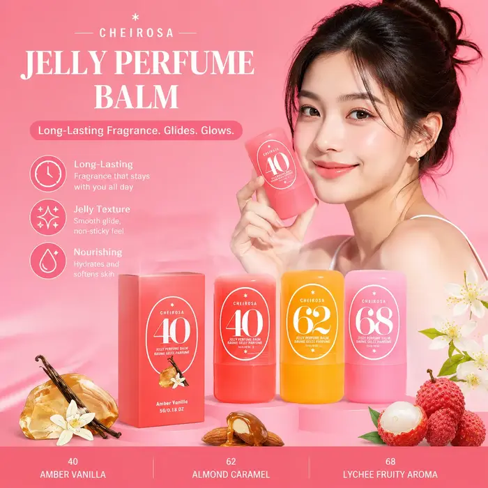 Baume Parfumé Solide Jelly 3 Senteurs 40 Ambre Vanille 62 Amande Caramel 68 Litchi Fruité Longue Durée Portable