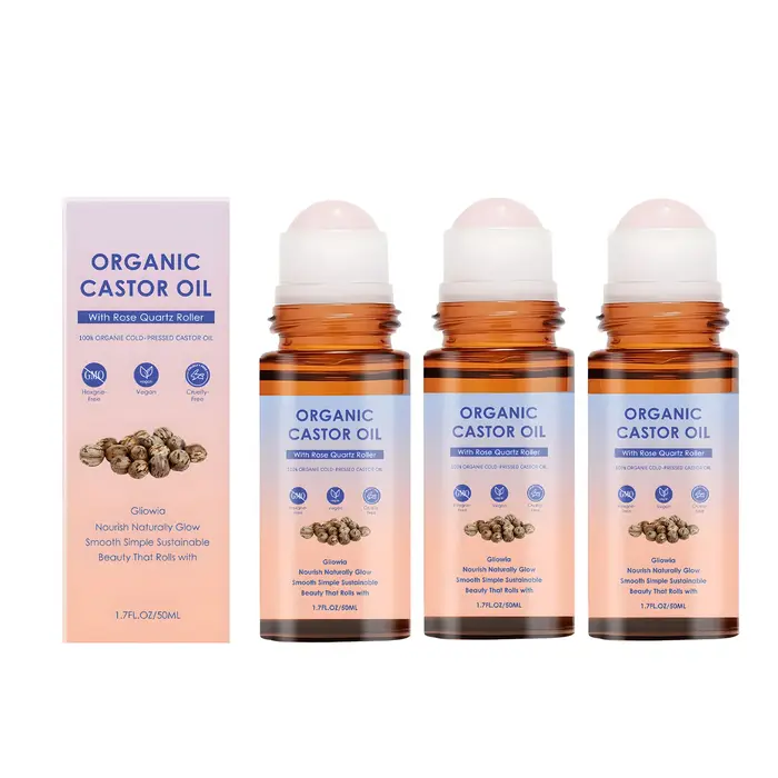 Huile de ricin biologique avec applicateur à bille en quartz rose