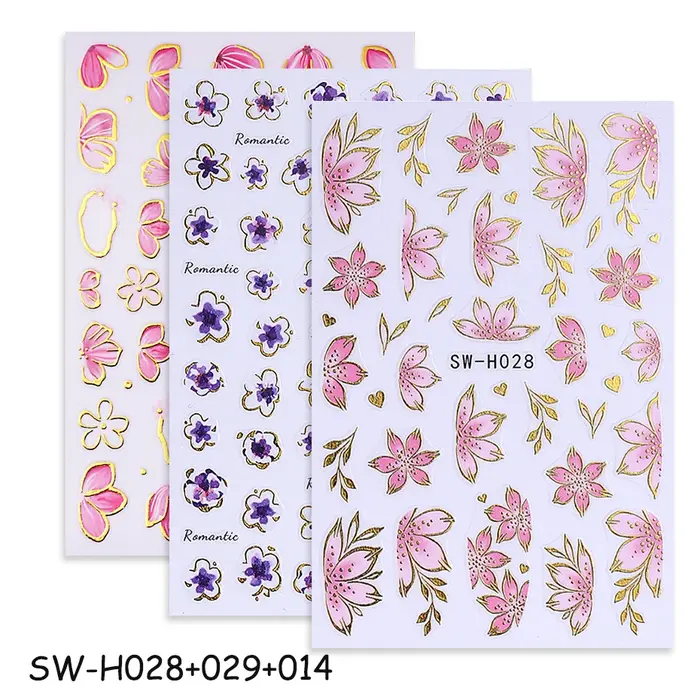 Autocollants pour ongles fleur d'hibiscus rose doré
