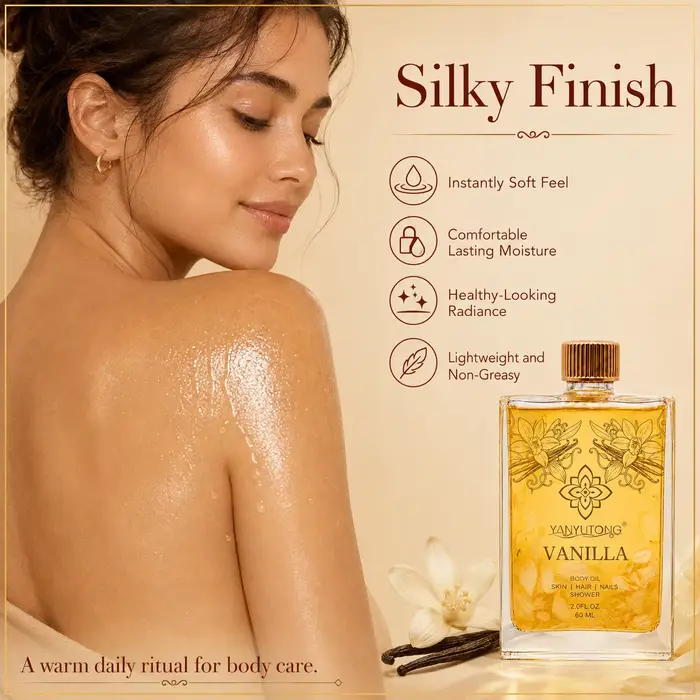 60 ml d'huile essentielle de vanille, nourrissante et hydratante, absorption rapide, douce, apaisante pour les peaux sèches, parfum longue durée.