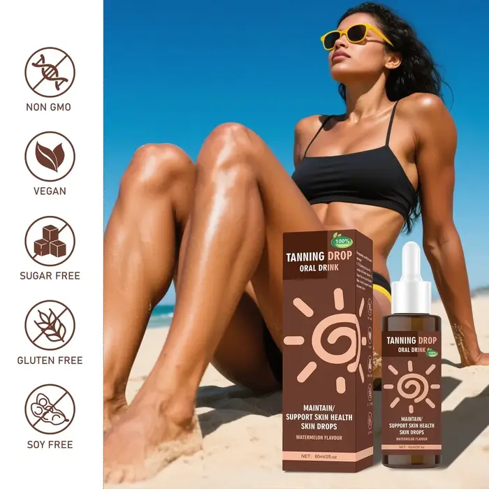 Boisson bronzante végane sans sucre 60ml – Gouttes orales naturelles saveur pastèque pour un éclat solaire intérieur – Soin de la peau