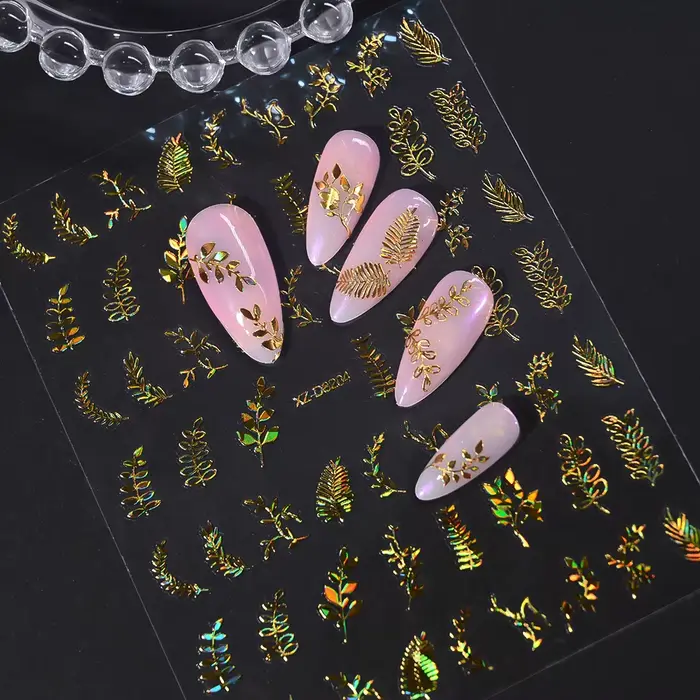12 pièces/ensemble 3D feuille brillante fleur Nail Art autocollant Laer or bronzant feuilles ongles 