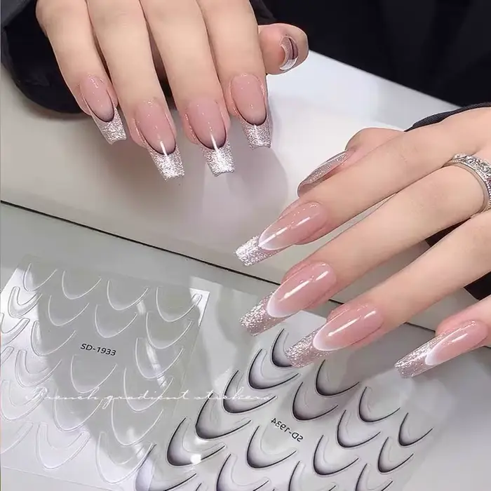Autocollants 3D pour Nail Art, ligne dégradée française, auto-adhésifs, blanc + noir, pochoir de con
