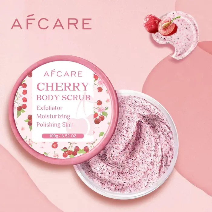 Gommage corporel exfoliant au lait de cerises et de chia pour une peau revitalisée, formulé avec 1/4