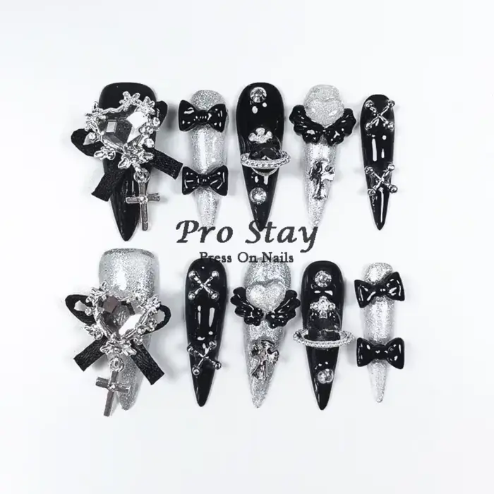 Faux ongles artificiels noirs foncés Y2k, faits à la main, à pression, doux et frais, avec diamant,