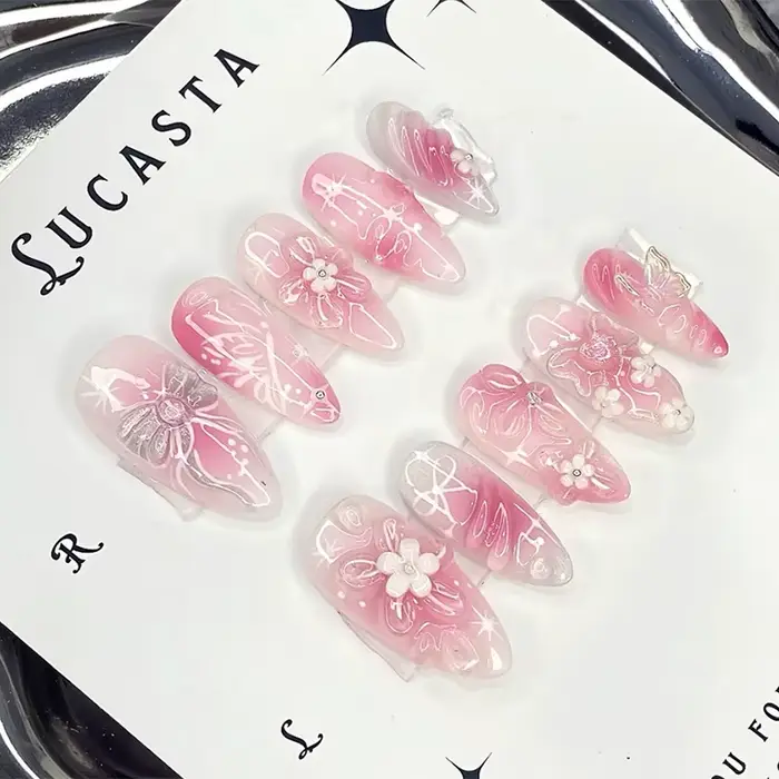 24 pièces dégradé rose amande faux ongles conseils portable oeil de chat tache conception ongles ens