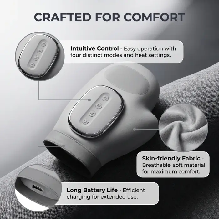 Gants de massage à compression d'air avec thérapie thermique - 3 modes pour soulager l'arthrite et le syndrome du canal carpien