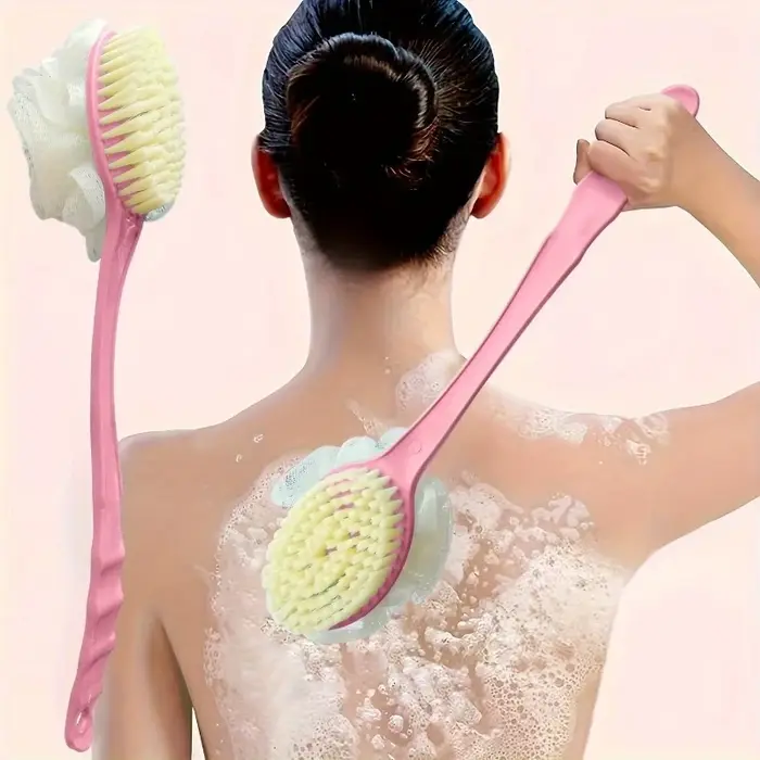 Brosse de douche double face à poils doux et manche long pour le frottement du dos