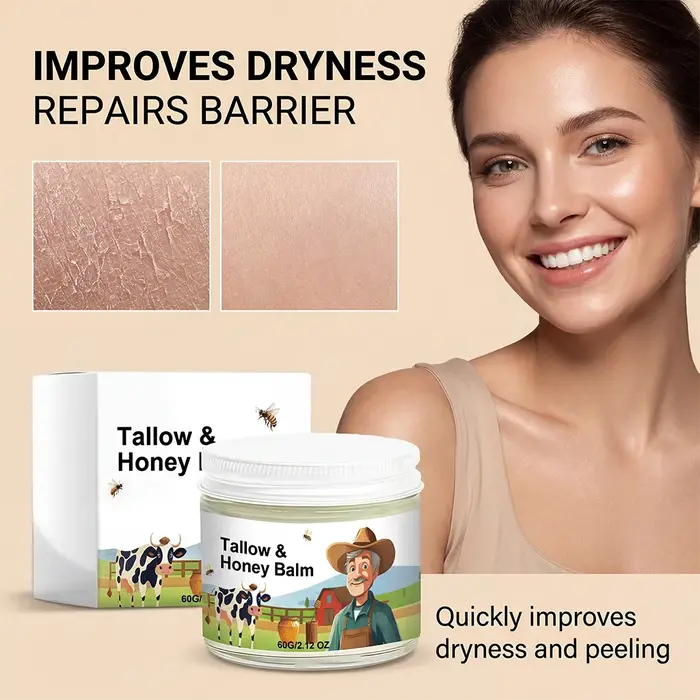 Baume au suif de bœuf biologique nourri à l'herbe avec miel cru - Crème hydratante pour une peau douce et lisse - Hydratant entièrement naturel fait à la main