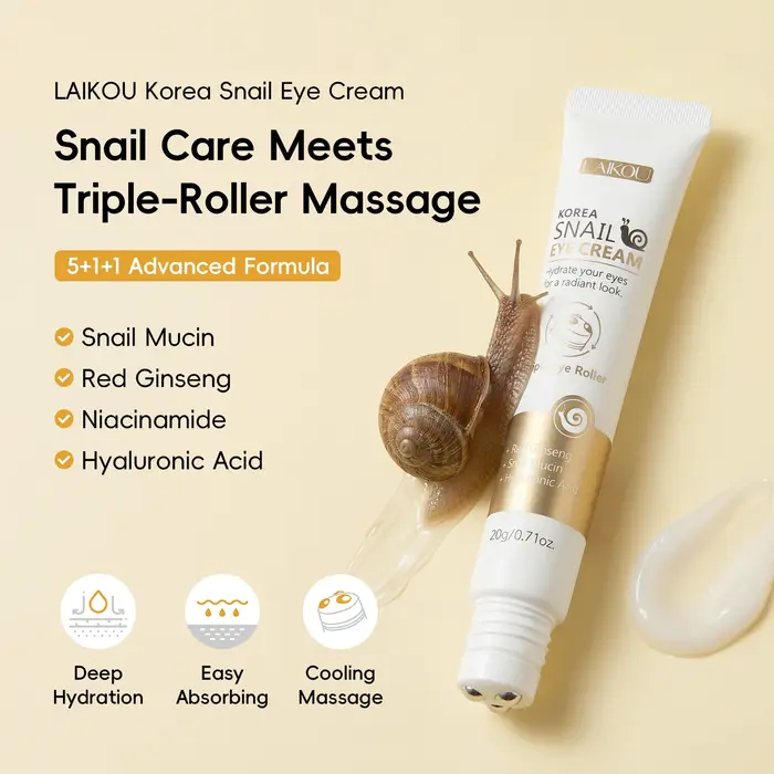 Crème pour les yeux à l'escargot LAIKOU Corée 20g Triple applicateur Hydratation intense Absorption 