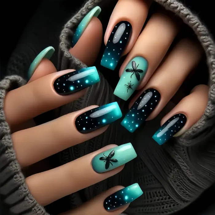 Faux Ongles Mi-Longs à la Mode, Papillon, Plume, Forêt, Vague de Mer, Dégradé, Bleu, Violet, Vert, P