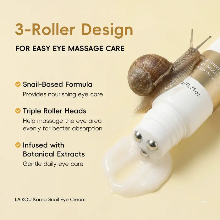 Crème pour les yeux à l'escargot LAIKOU Corée 20g Triple applicateur Hydratation intense Absorption facile Massage