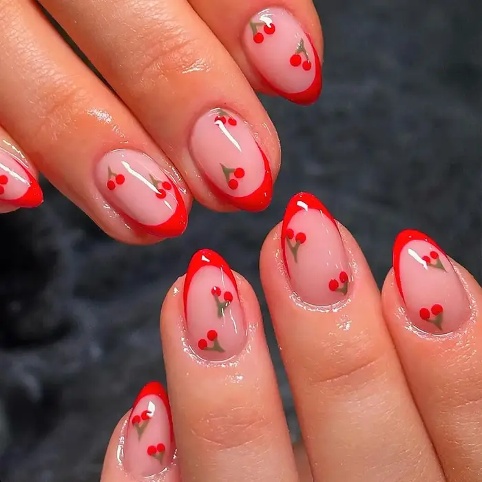 24 pièces mis à niveau votre look avec un ensemble de faux ongles cerise amande à bords rouges 1 lime