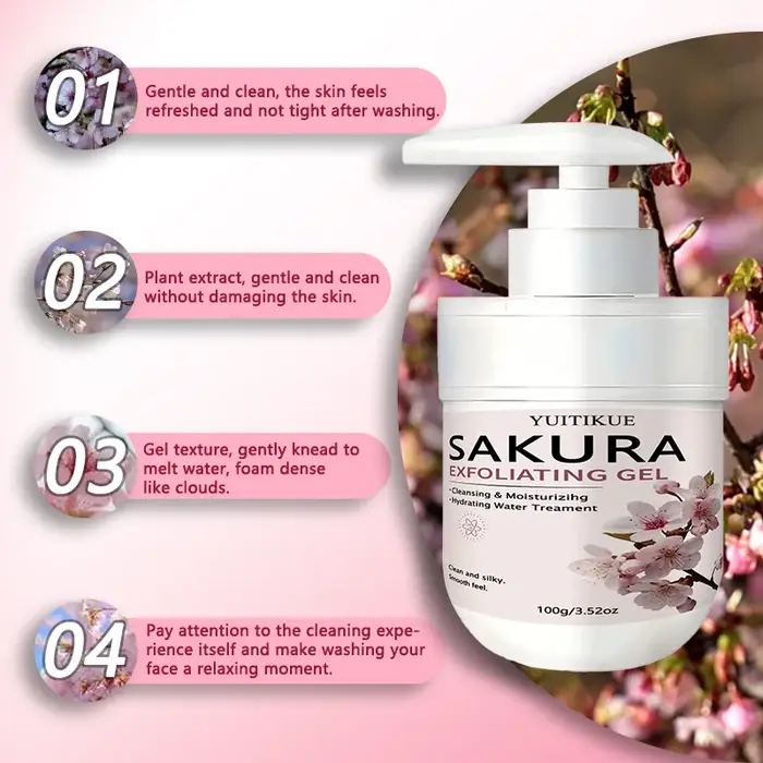 Gel nettoyant exfoliant Sakura 100g YUITIKUE Exfoliation douce Élimination des peaux mortes Hydratant Gel pour le visage doux et lisse